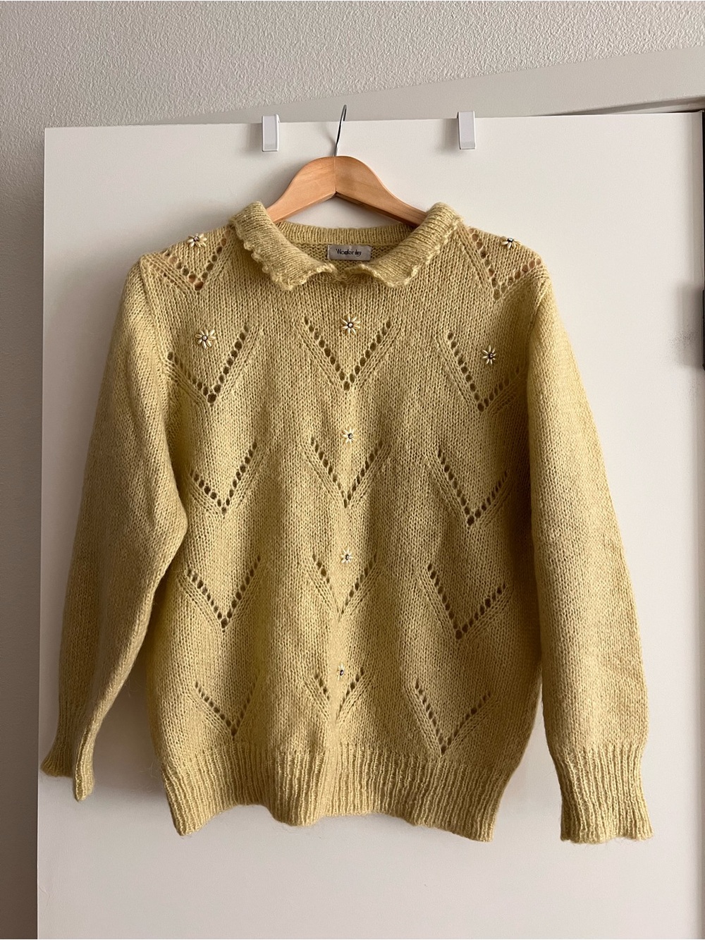 Collared Pointelle Knit Sweater in Light Yellow